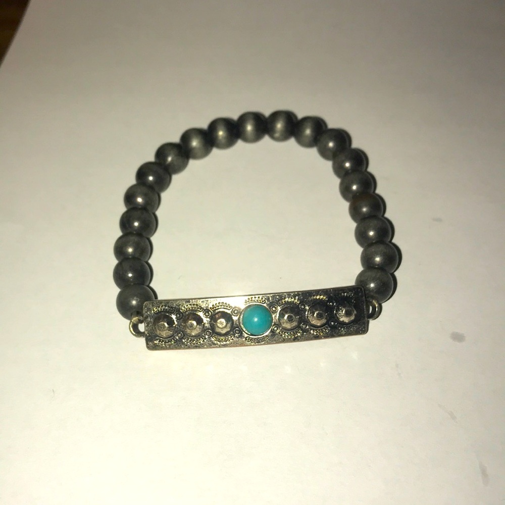 Silver turquoise and charcoal gray stretchy beaded bracelet